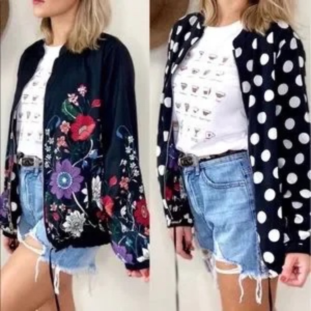 Chico's reversibel floral and polka dot Bomber Jacket